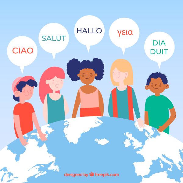 Graphic of young people from different countries greeting in their language